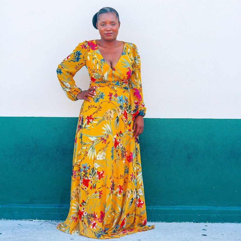 YELLOW LONG SLEEVE FLORAL MAXI  DRESS